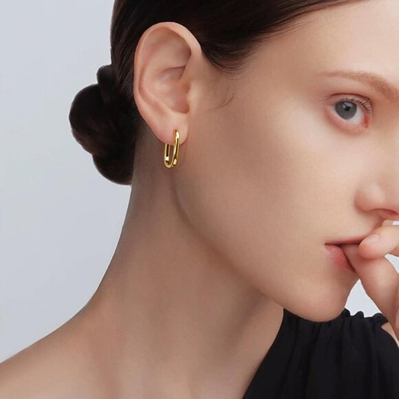 Women's 18K Gold-plated Zircon Earrings Hoop Dangle U-shaped Earring Golden - Picture 5 of 9